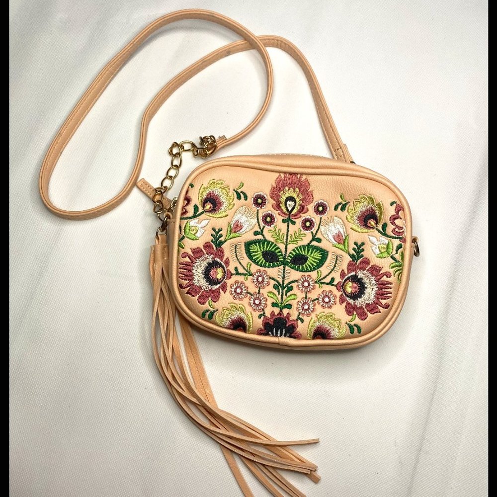 Embroidered Floral Crossbody Bag - Tan